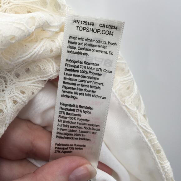 Topshop One Shoulder Lace Puff Sleeve Lined Cropped Top Side Zip Ivory Size 8 - Picture 6 of 6